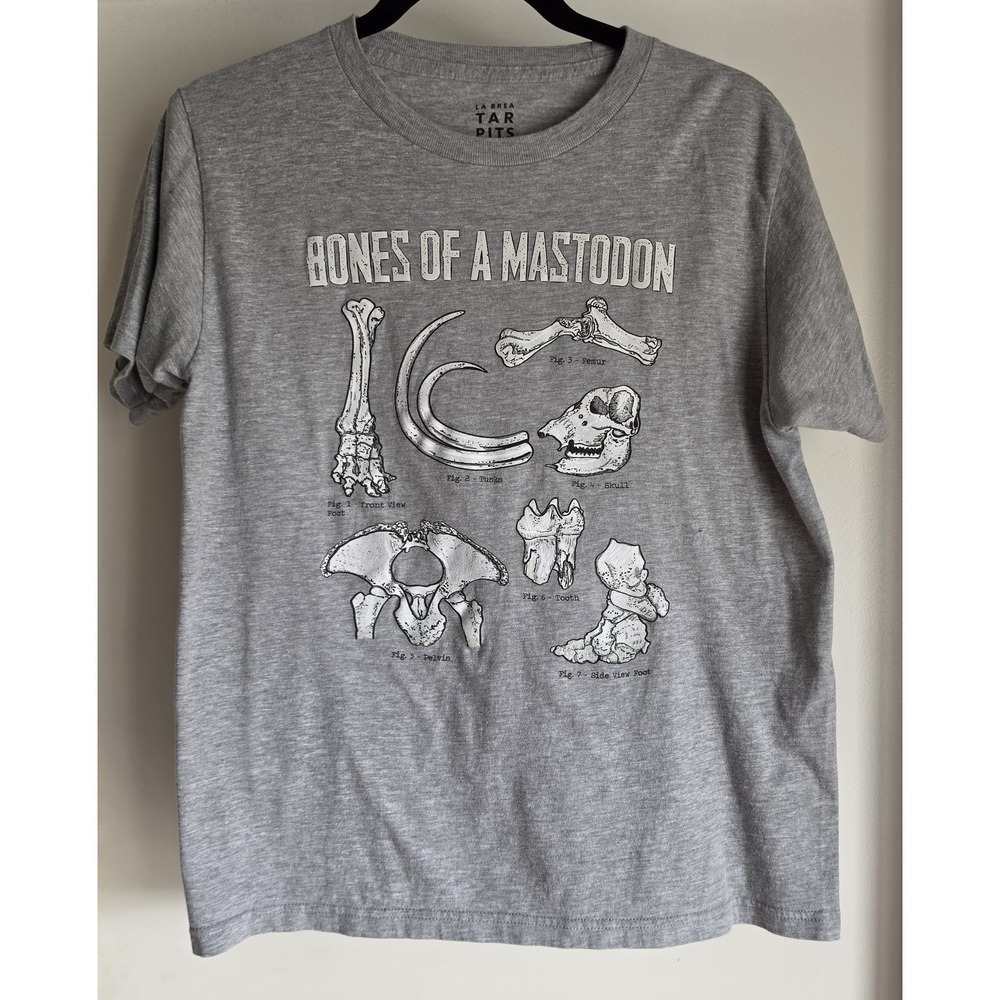La Brea Tar Pits Museum Bones of a Mastodon T-Shirt XL Gray Kid's Made USA